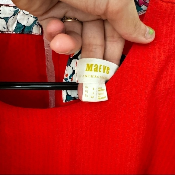 Anthropologie Red Floral Trim Textured Maeve Rousseau Flounced Dress 2 - Picture 7 of 15